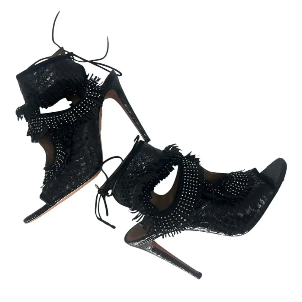 Aquazzura Sexy Thing Black Python Studded Fringe Stiletto Sandals Women's 38.5